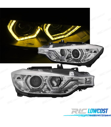 FARI BMW F30 F31 11-15 ANGEL EYES LUCE DIURNA LED GIALLA FONDO CROMATO