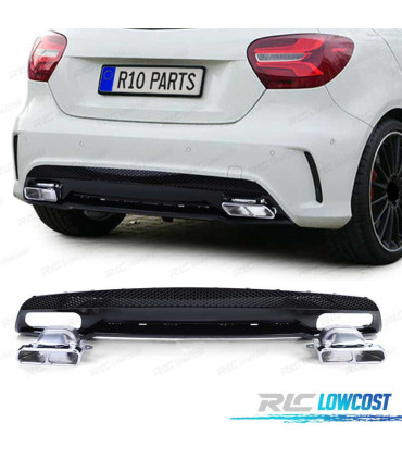 DIFFUSORE MERCEDES CLASSE A W176 12-18 LOOK AMG A45 NERO LUCIDO + TERMINALI DI SCARICO CROMATI