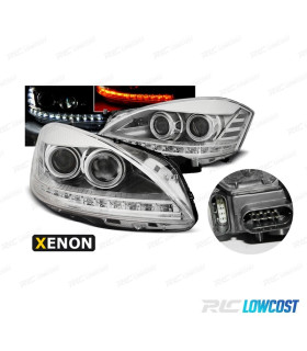 FARI XENON MERCEDES CLASSE S W221 05-09 LUCE DIURNA E FRECCIA LED FONDO CROMATO