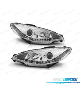 FARI PEUGEOT 206 98-08 LUCE DIURNA LED REALE FONDO CROMATO