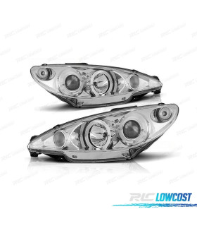 FARI PEUGEOT 206 CONNETTORE H4 98-08 OCCHI ANGEL CCFL FONDO CROMATO