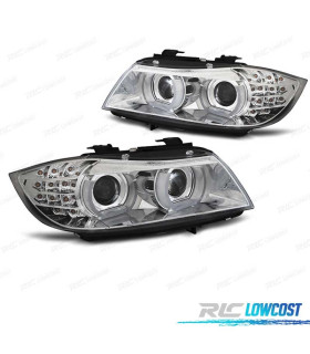 FARI XENON AFS ANGEL EYES U 3D LED PER BMW E90 E91 08-12 CON FINITURA CROMATA