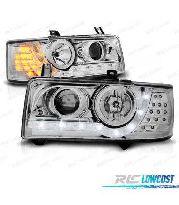 FARI VOLKSWAGEN VW T4 TRANSPORTER 90-03 LUCE DIURNA + FRECCIA LED FONDO CROMATO