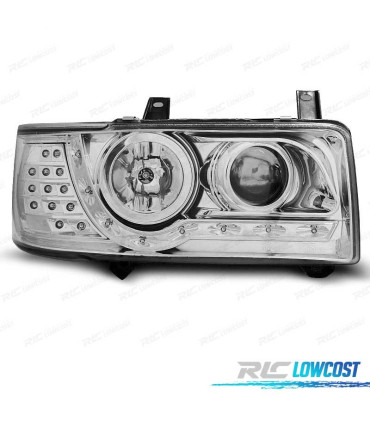 FARI VOLKSWAGEN VW T4 TRANSPORTER 90-03 LUCE DIURNA + FRECCIA LED FONDO CROMATO
