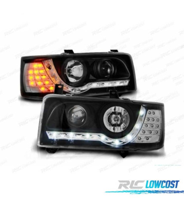 FARI VOLKSWAGEN VW T4 TRANSPORTER 90-03 LUCE DIURNA + FRECCIA LED SFONDO NERO