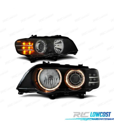 FARI OCCHI ANGEL PER BMW X5 E53 99-03 FONDO NERO FRECCIA A LED